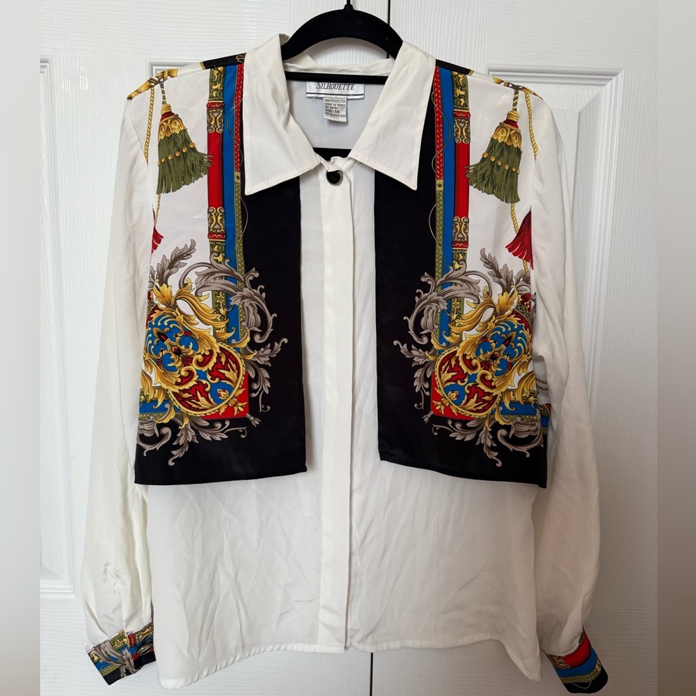 VTG Silhouette Baroque Print Button-Up Shirt Blouse Crown Tassel Design